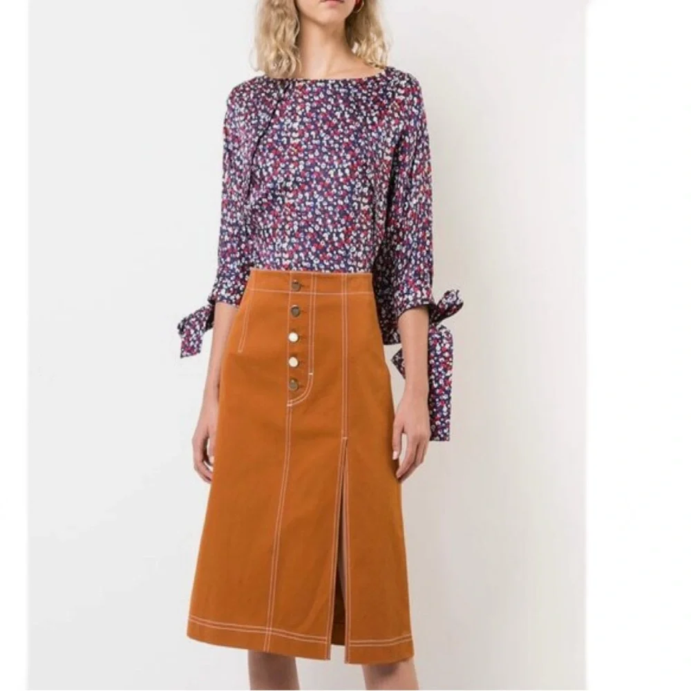 DEREK LAM Navy Blue Poppy Print Silk Jacquard Blouse - Size 4 - Picture 3 of 8